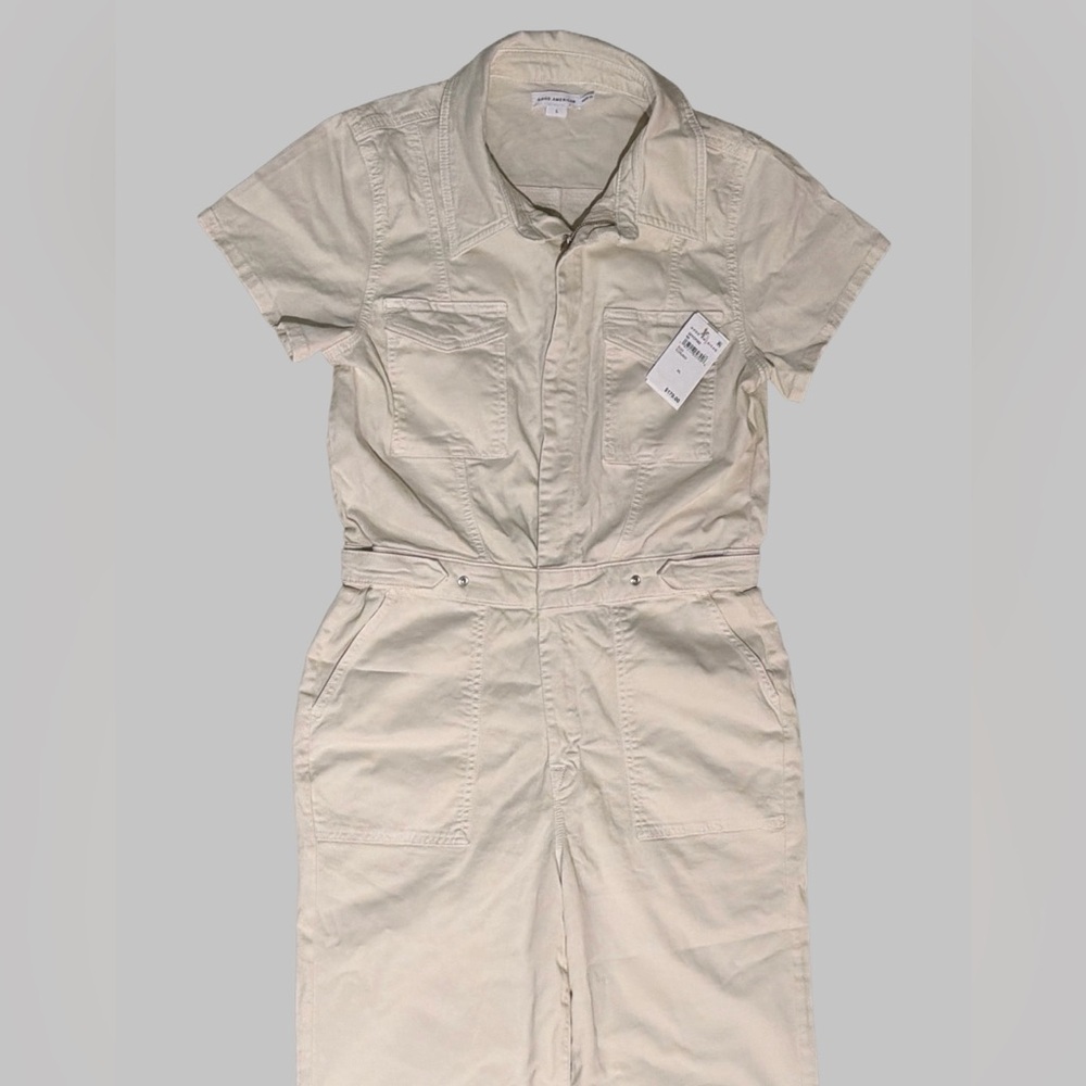 Good American Fit For Success Twill Palazzo Crop Jumpsuit in Ecru, Size: Large - Picture 9 of 14